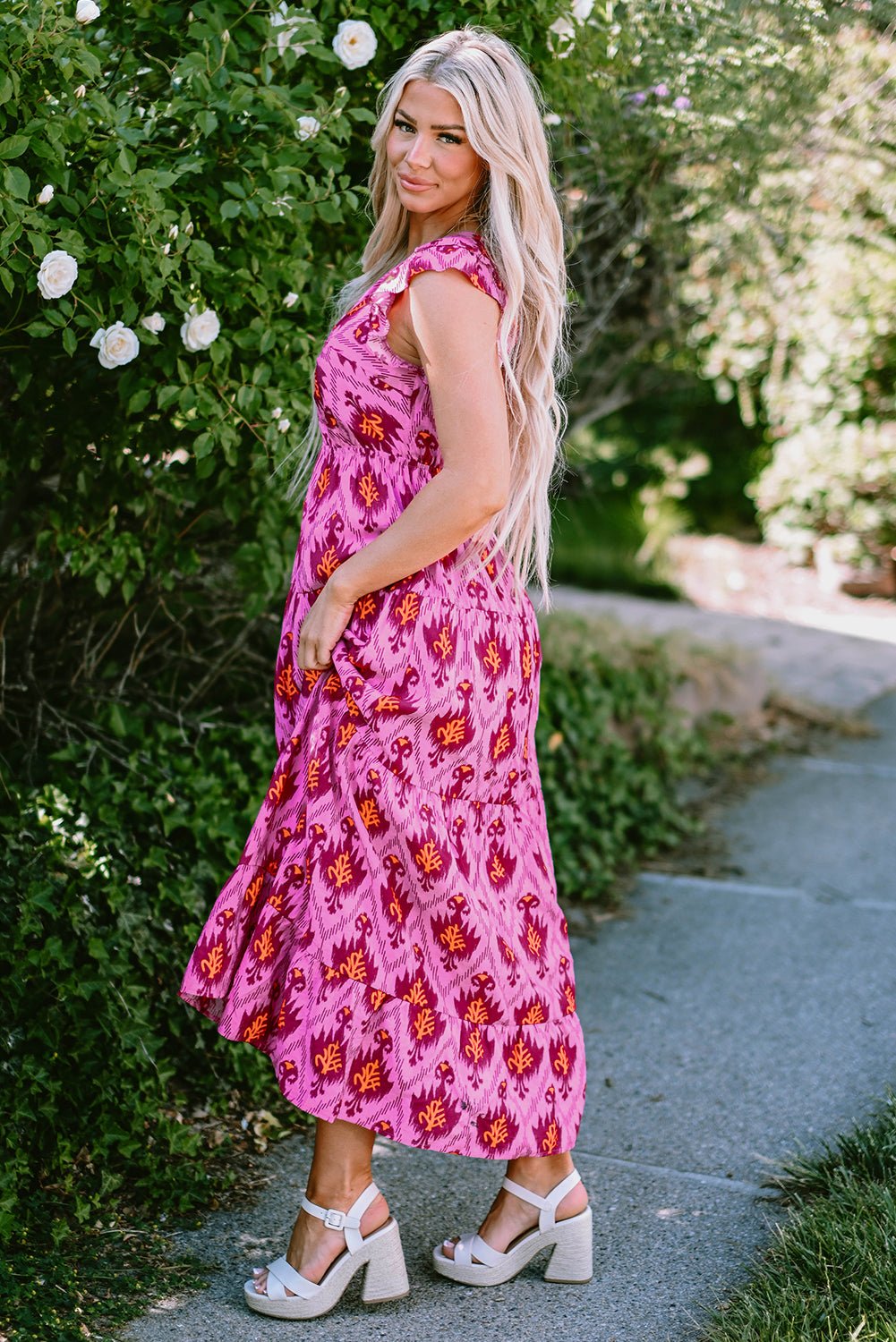 Bonbon Retro Print Twisted Front Ruffled Sleeve Maxi Dress - Creative Designs by Shanny