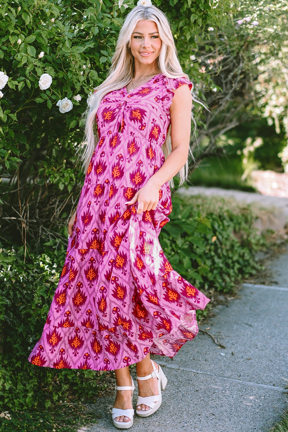 Bonbon Retro Print Twisted Front Ruffled Sleeve Maxi Dress - Creative Designs by Shanny