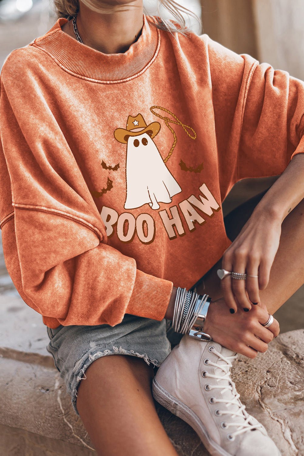 BOO HAW Ghost Graphic Dropped Shoulder Round Neck Sweatshirt - Creative Designs by Shanny