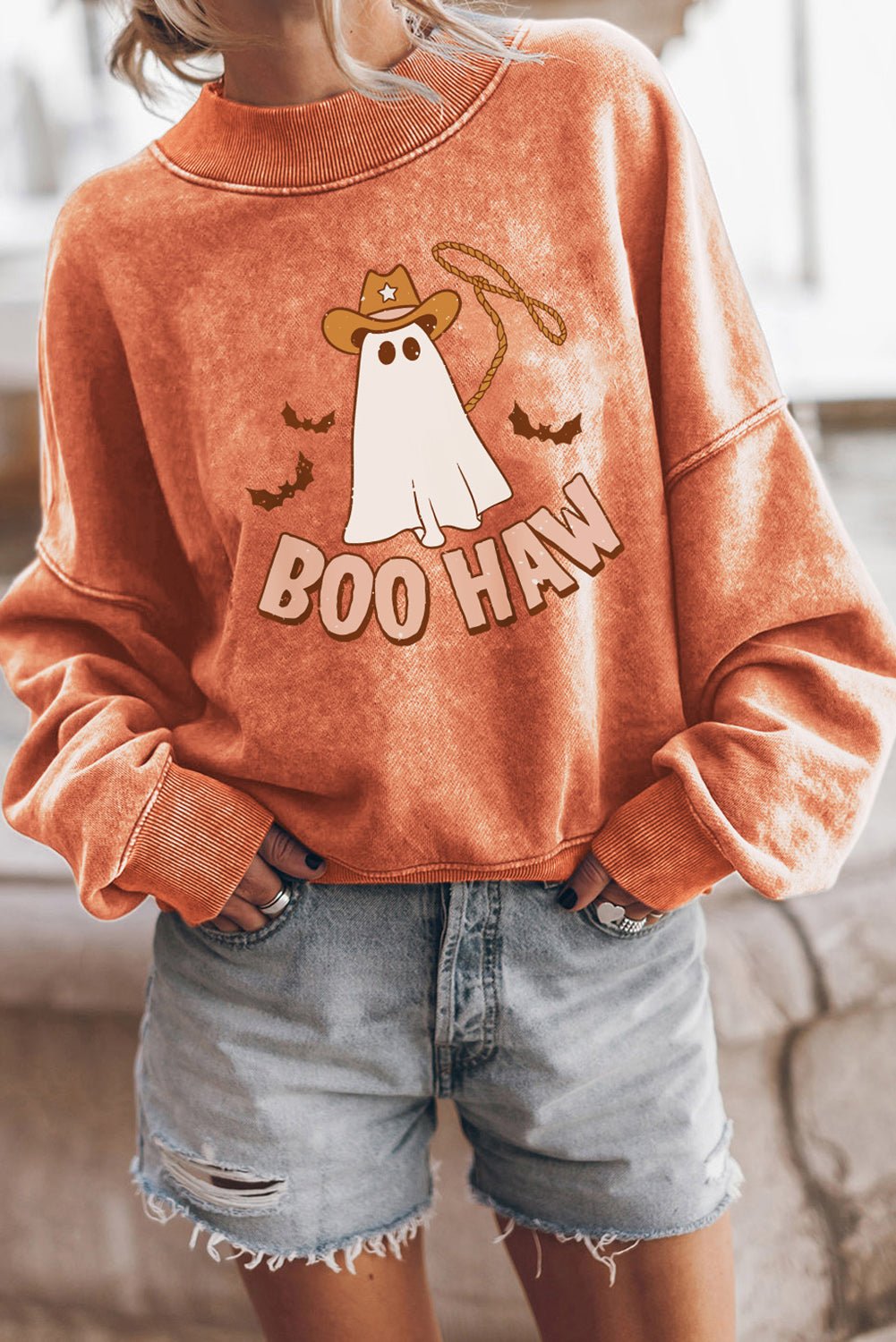 BOO HAW Ghost Graphic Dropped Shoulder Round Neck Sweatshirt - Creative Designs by Shanny