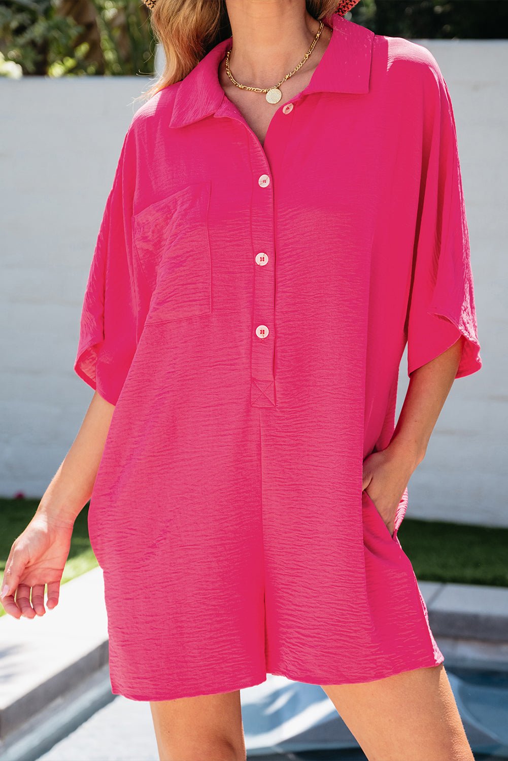 Bright Pink Half Button Collared Loose Romper - Creative Designs by Shanny