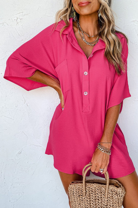 Bright Pink Half Button Collared Loose Romper - Creative Designs by Shanny