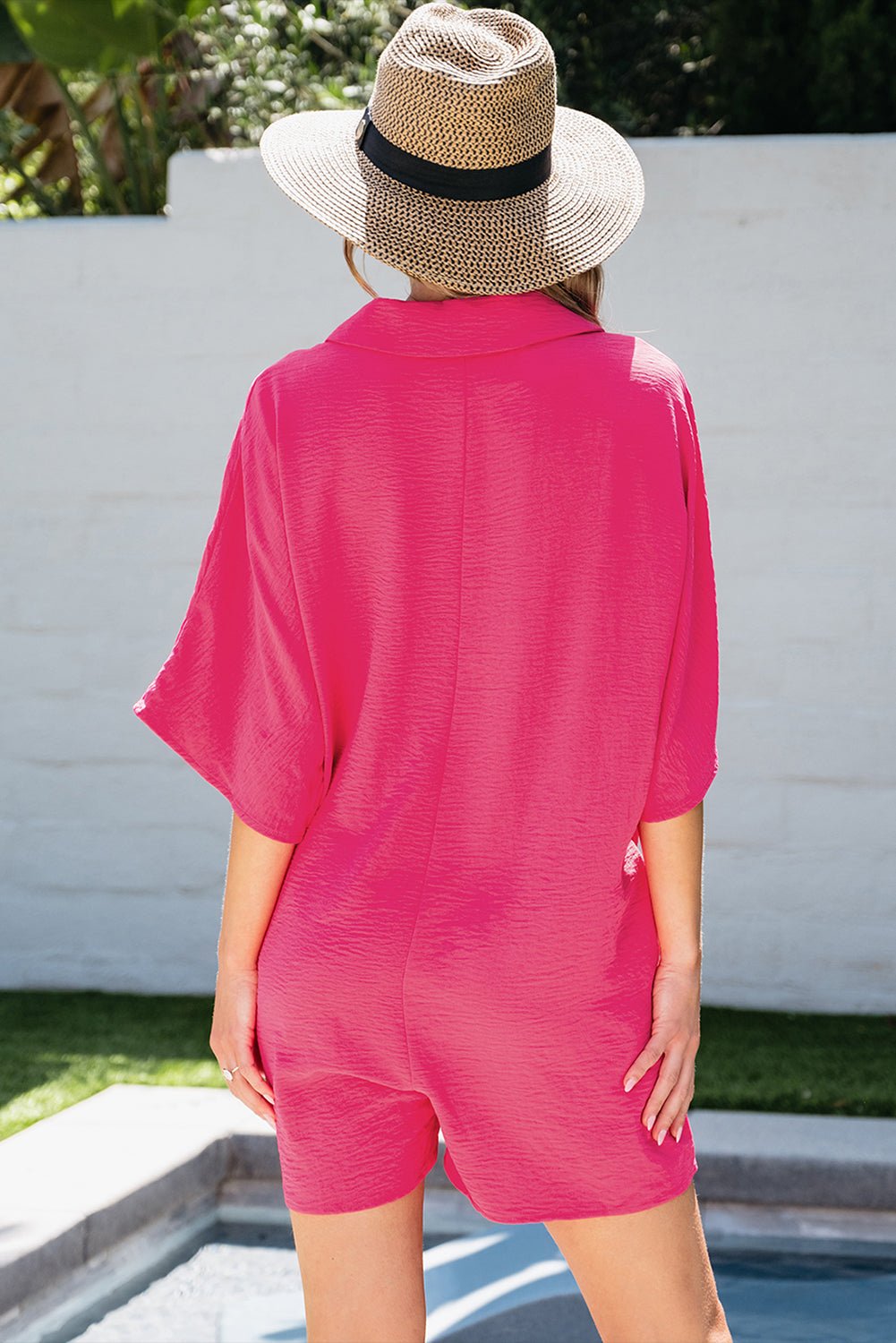 Bright Pink Half Button Collared Loose Romper - Creative Designs by Shanny