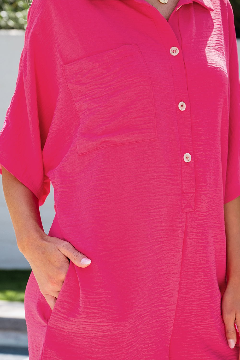 Bright Pink Half Button Collared Loose Romper - Creative Designs by Shanny