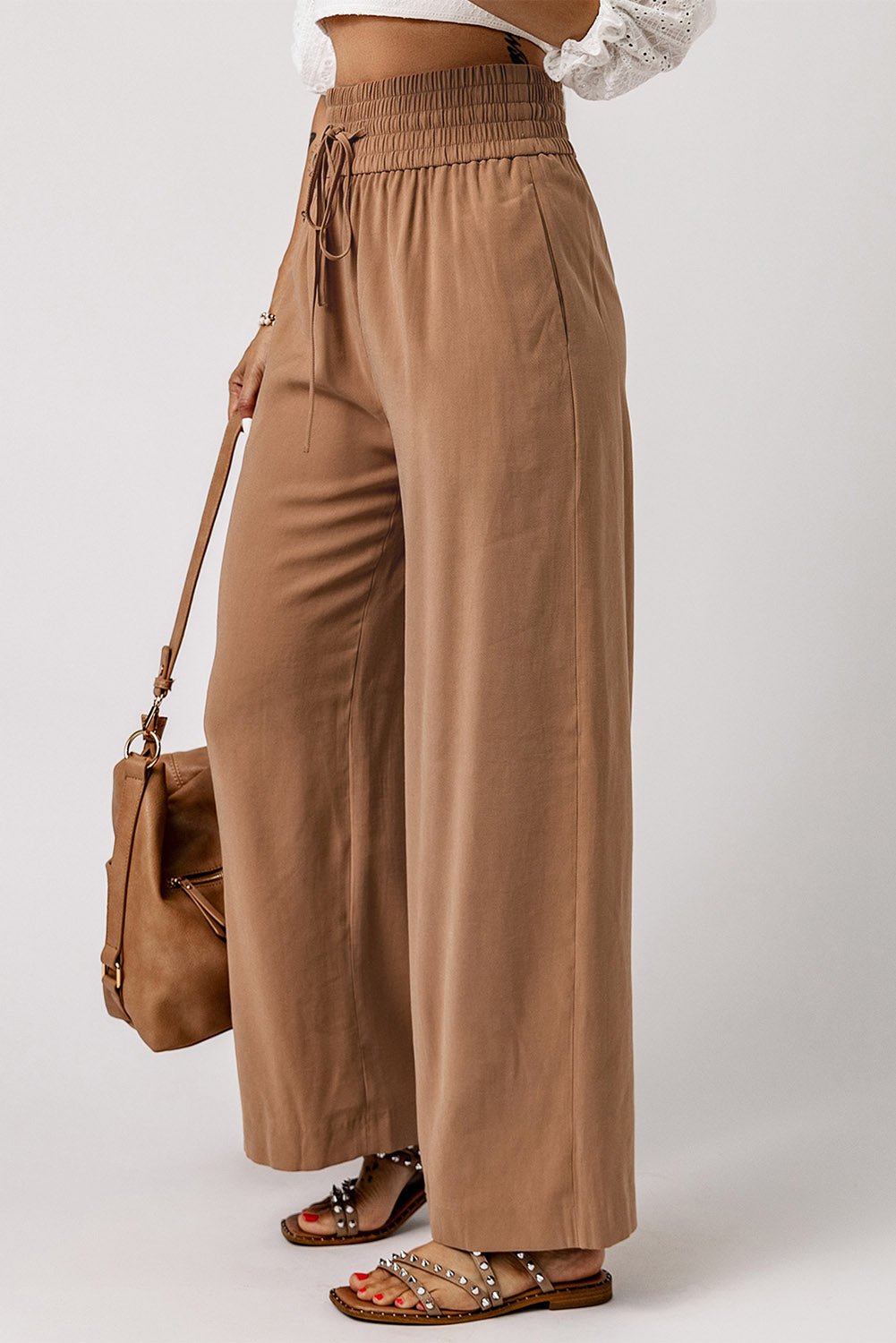 Brown Casual Drawstring Shirred Elastic Waist Wide Leg Pants - Creative Designs by Shanny