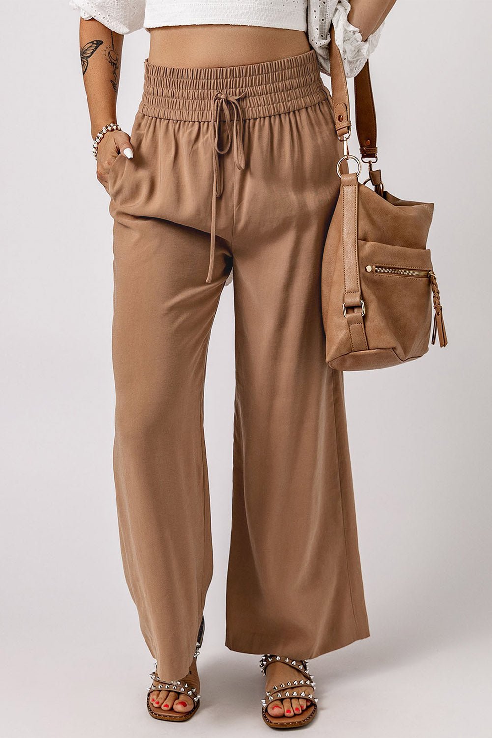 Brown Casual Drawstring Shirred Elastic Waist Wide Leg Pants - Creative Designs by Shanny