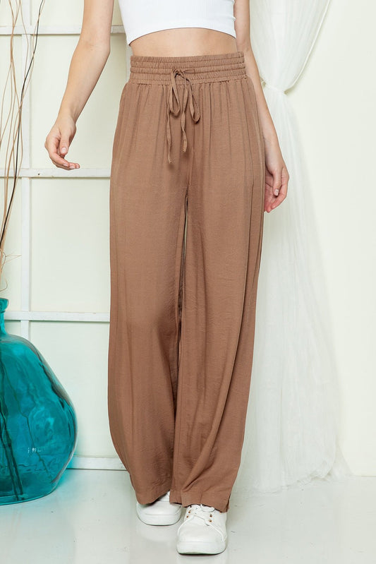 Brown Casual Drawstring Shirred Elastic Waist Wide Leg Pants - Creative Designs by Shanny