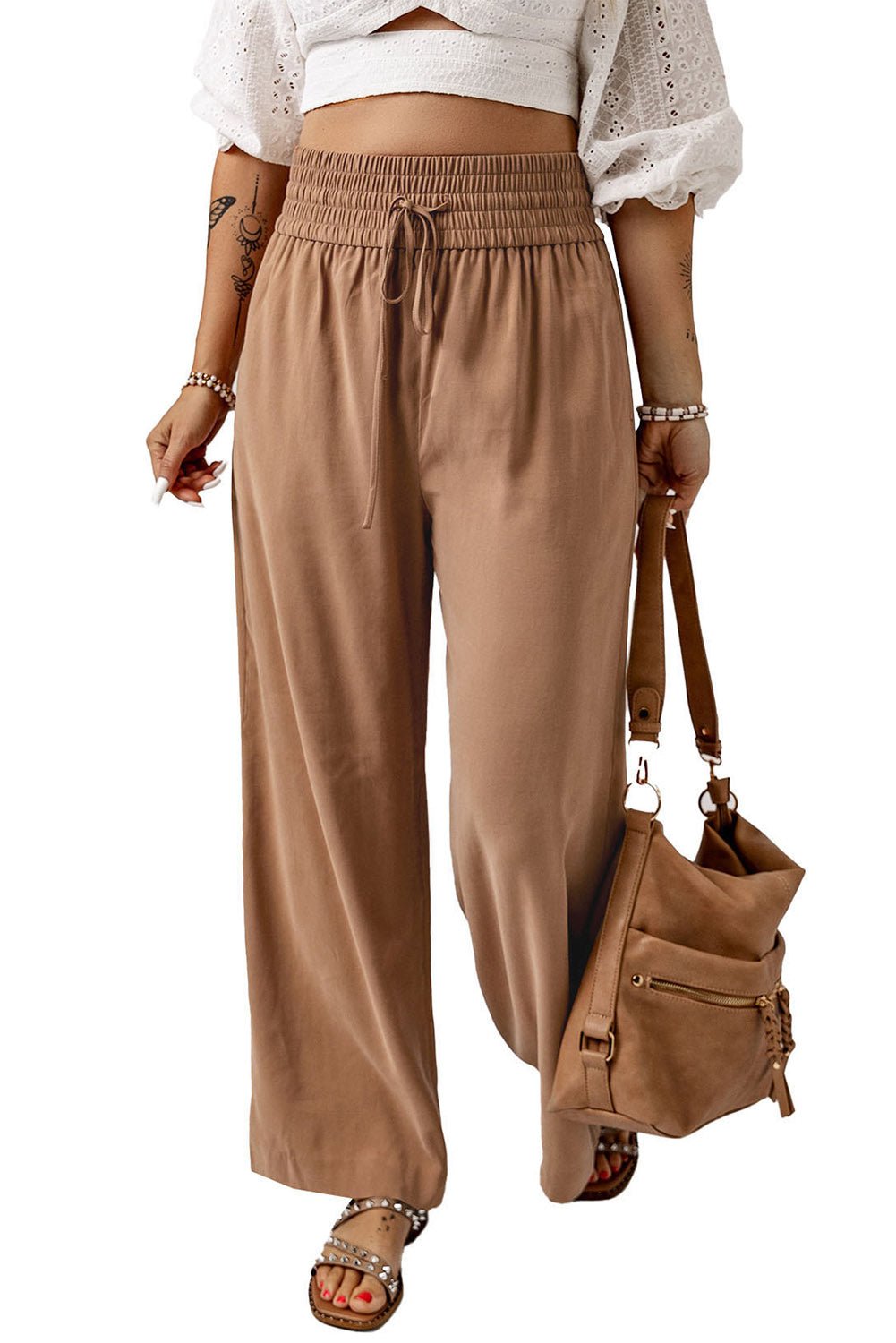 Brown Casual Drawstring Shirred Elastic Waist Wide Leg Pants - Creative Designs by Shanny