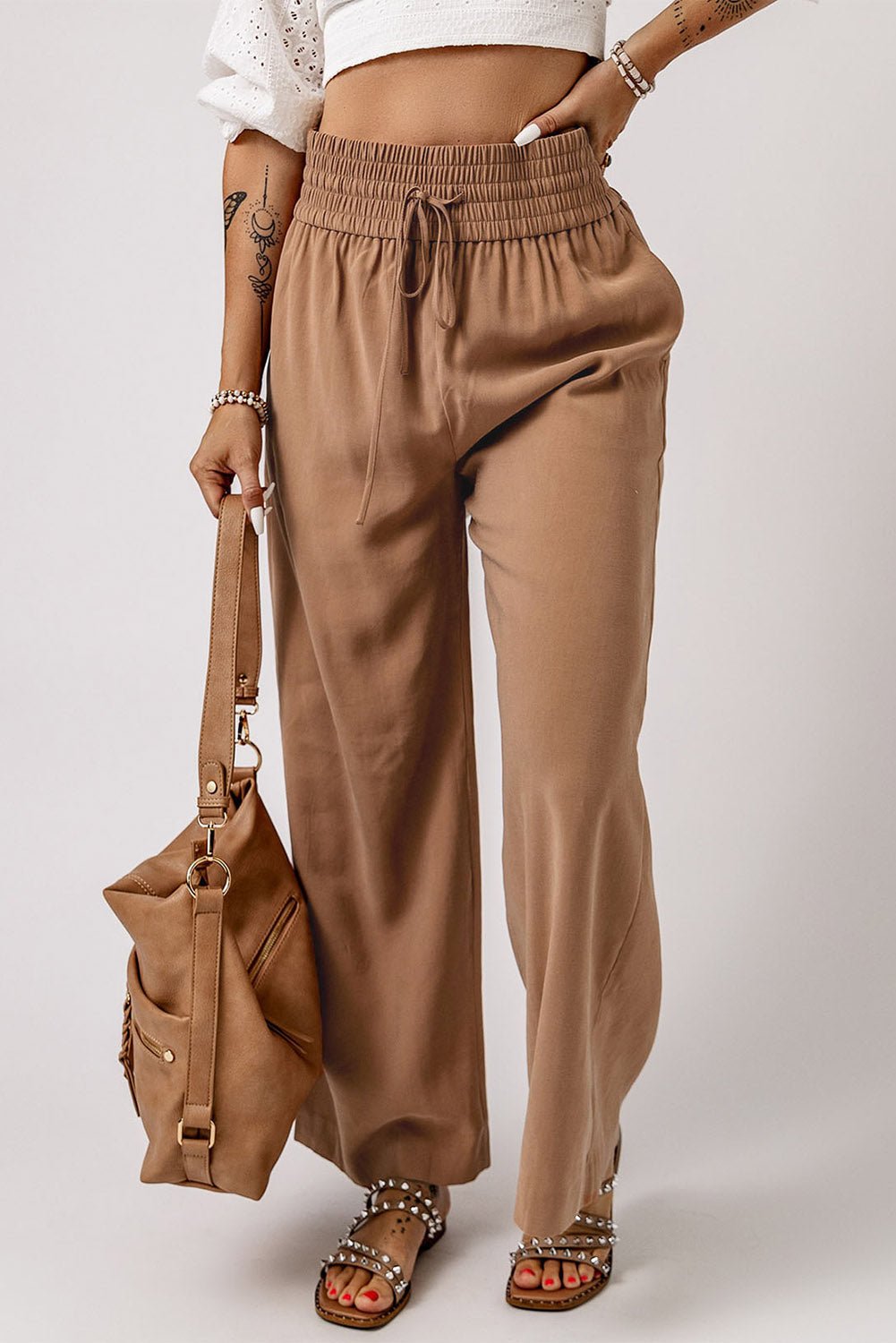 Brown Casual Drawstring Shirred Elastic Waist Wide Leg Pants - Creative Designs by Shanny