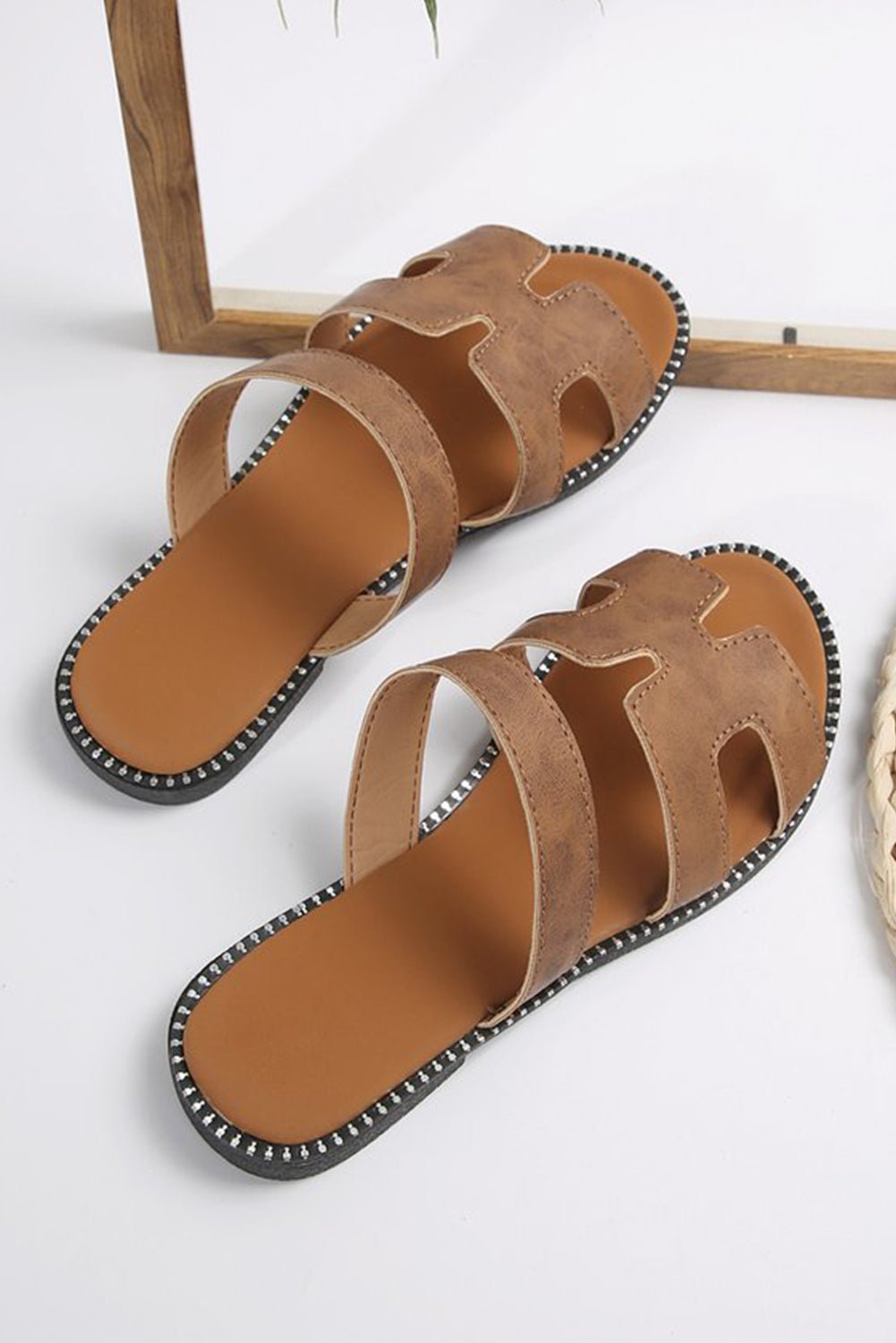 Brown Cut Out H Shape Band PU Leather Slippers - Creative Designs by Shanny