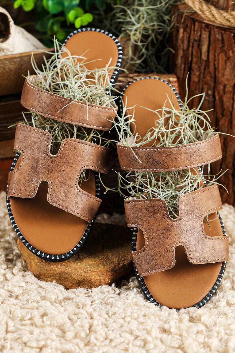 Brown Cut Out H Shape Band PU Leather Slippers - Creative Designs by Shanny