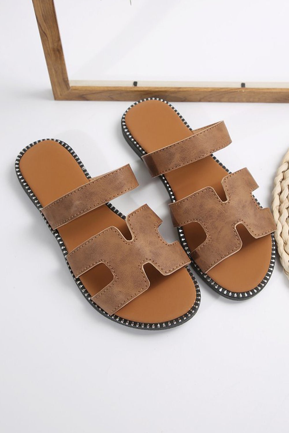 Brown Cut Out H Shape Band PU Leather Slippers - Creative Designs by Shanny