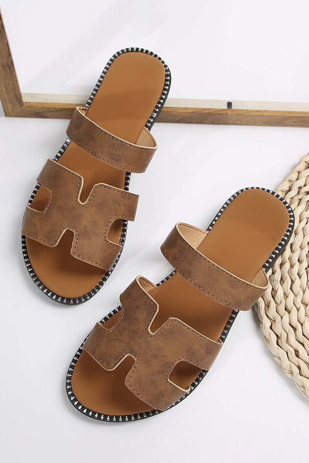 Brown Cut Out H Shape Band PU Leather Slippers - Creative Designs by Shanny