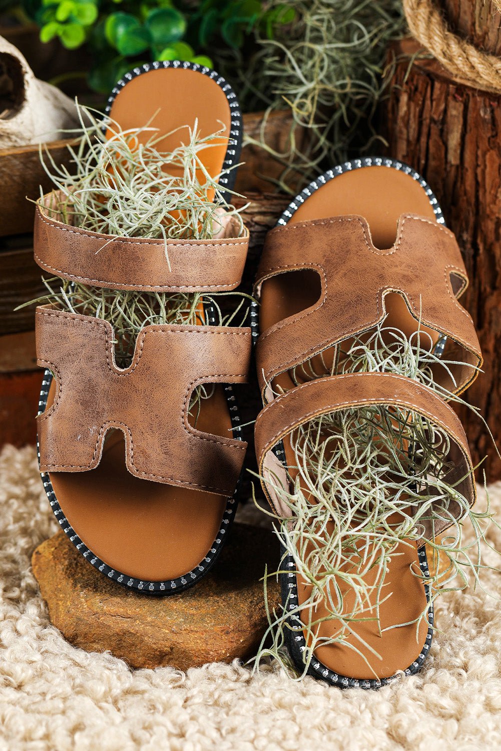 Brown Cut Out H Shape Band PU Leather Slippers - Creative Designs by Shanny