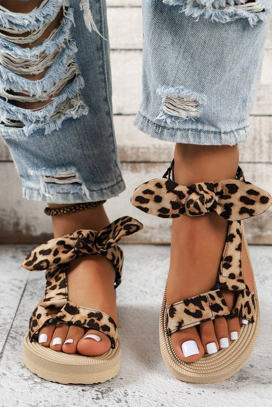 Brown Leopard Pattern Bow Decor Thick Sole Sandals - Creative Designs by Shanny