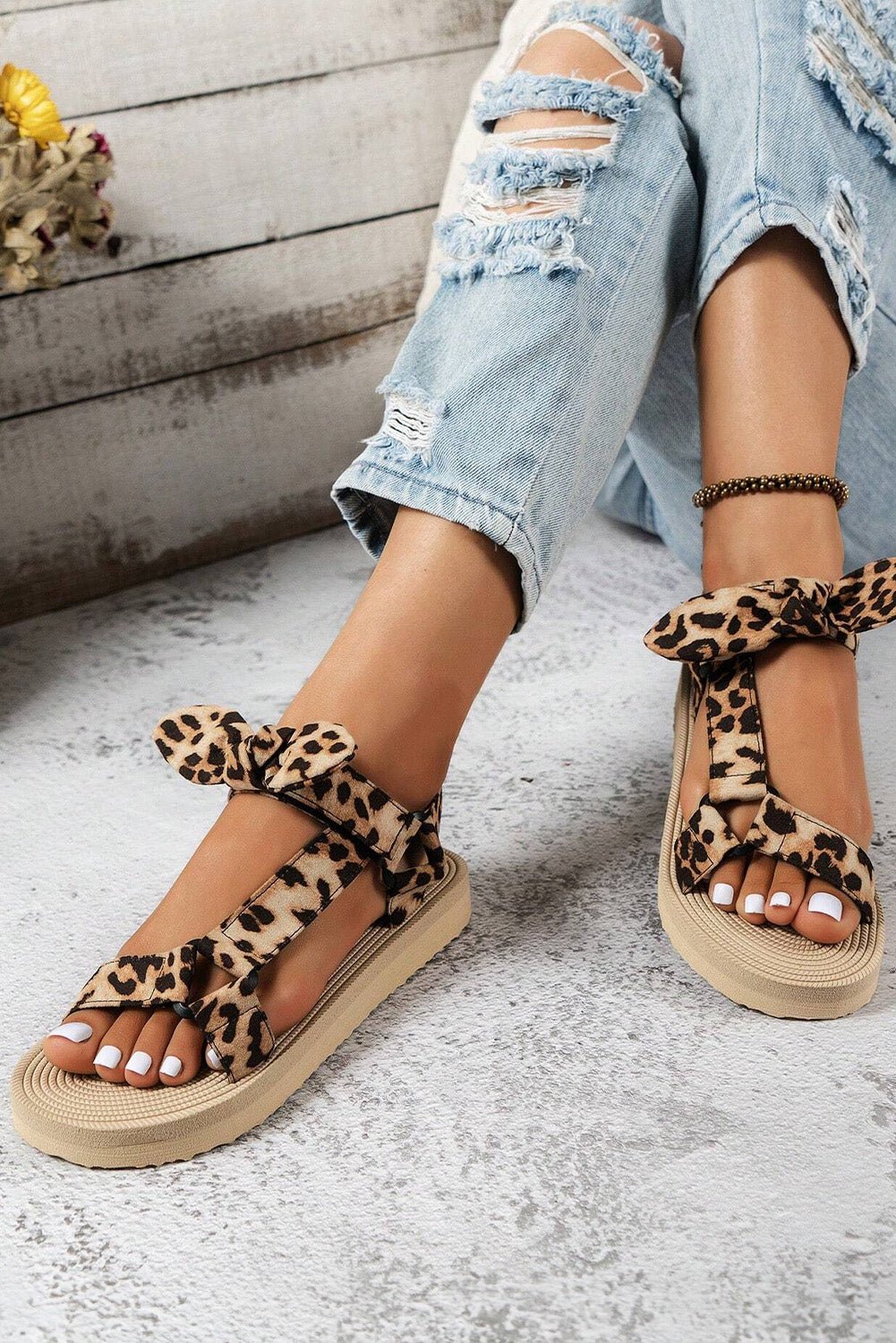 Brown Leopard Pattern Bow Decor Thick Sole Sandals - Creative Designs by Shanny