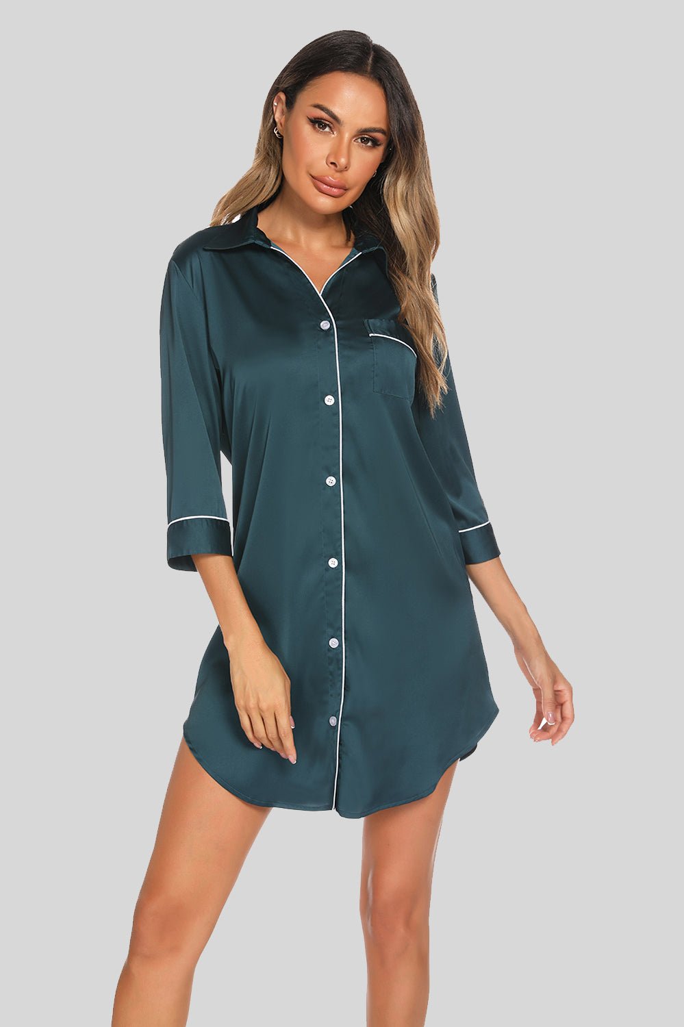 Button Up Collared Neck Night Dress with Pocket - Creative Designs by Shanny