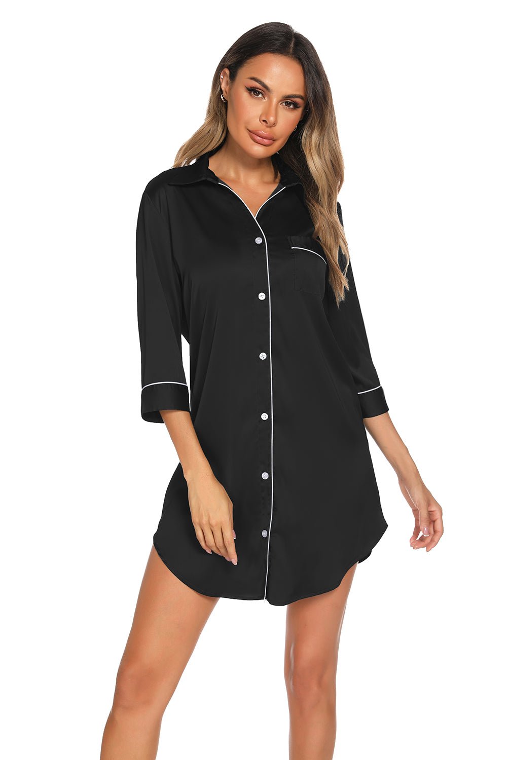 Button Up Collared Neck Night Dress with Pocket - Creative Designs by Shanny