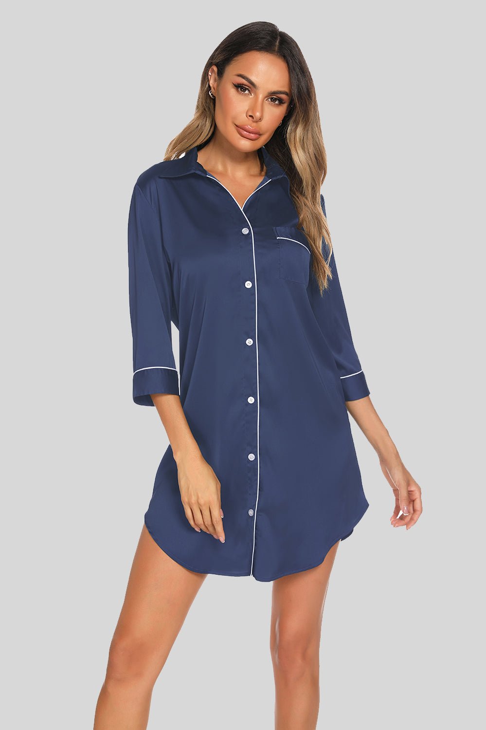 Button Up Collared Neck Night Dress with Pocket - Creative Designs by Shanny