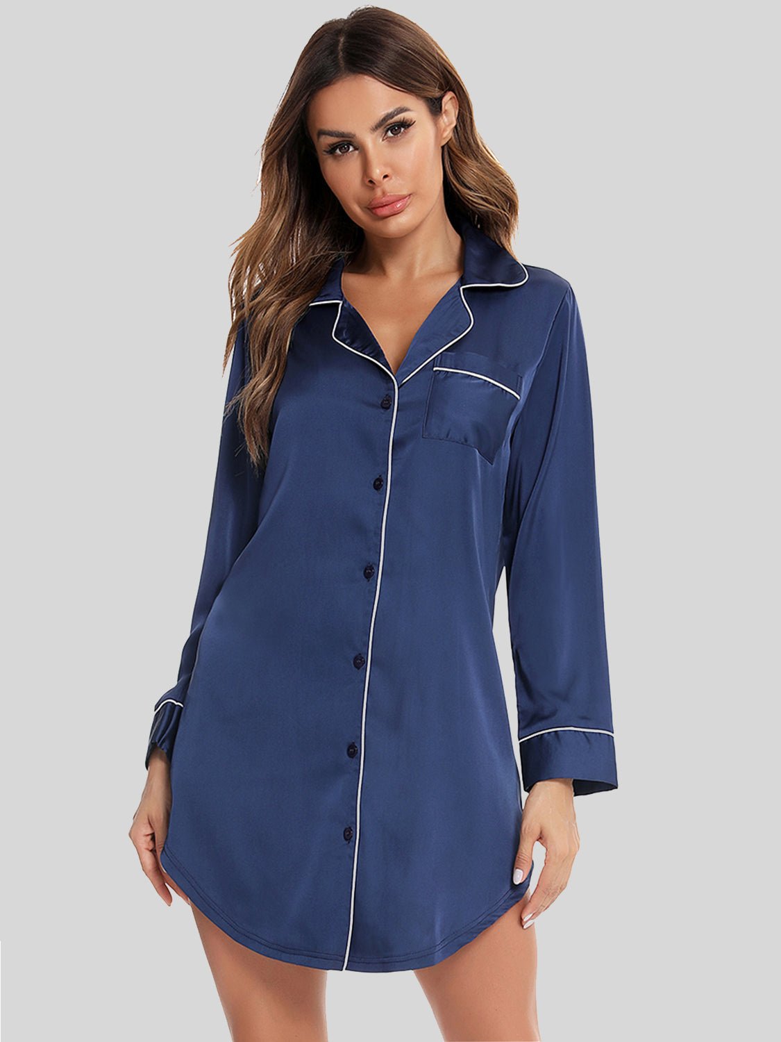 Button Up Lapel Collar Night Dress with Pocket - Creative Designs by Shanny