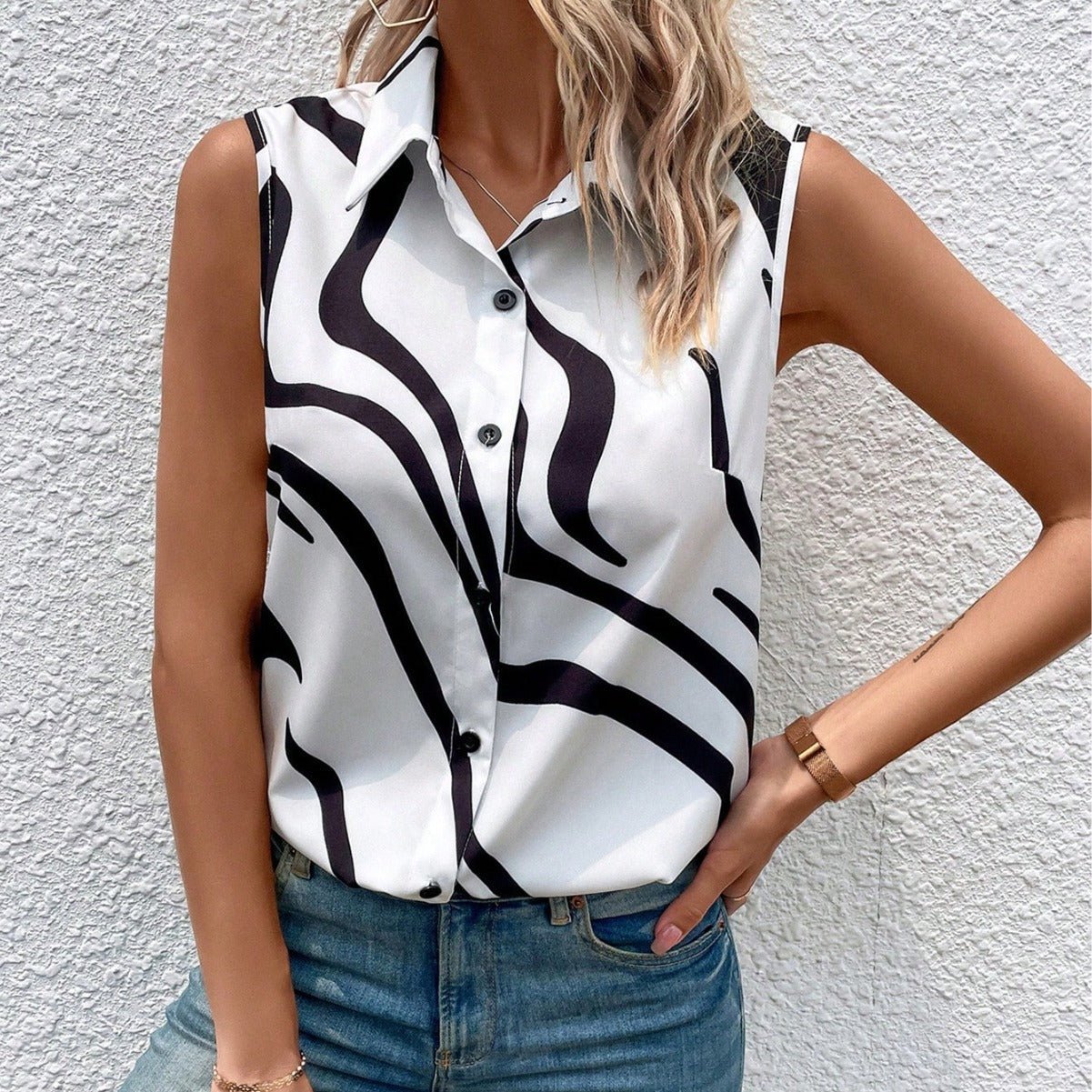 Button Up Printed Collared Neck Top - Creative Designs by Shanny