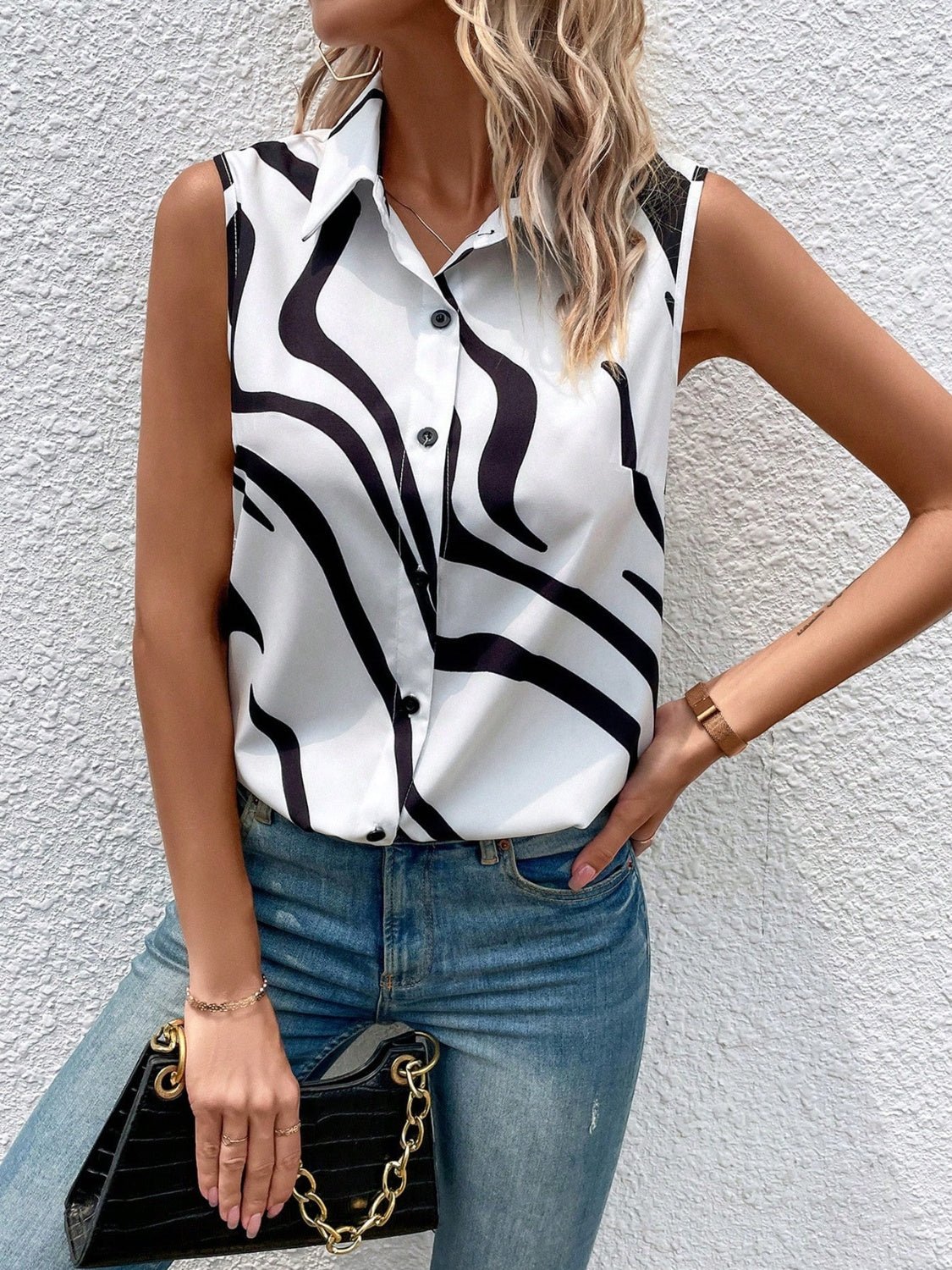 Button Up Printed Collared Neck Top - Creative Designs by Shanny