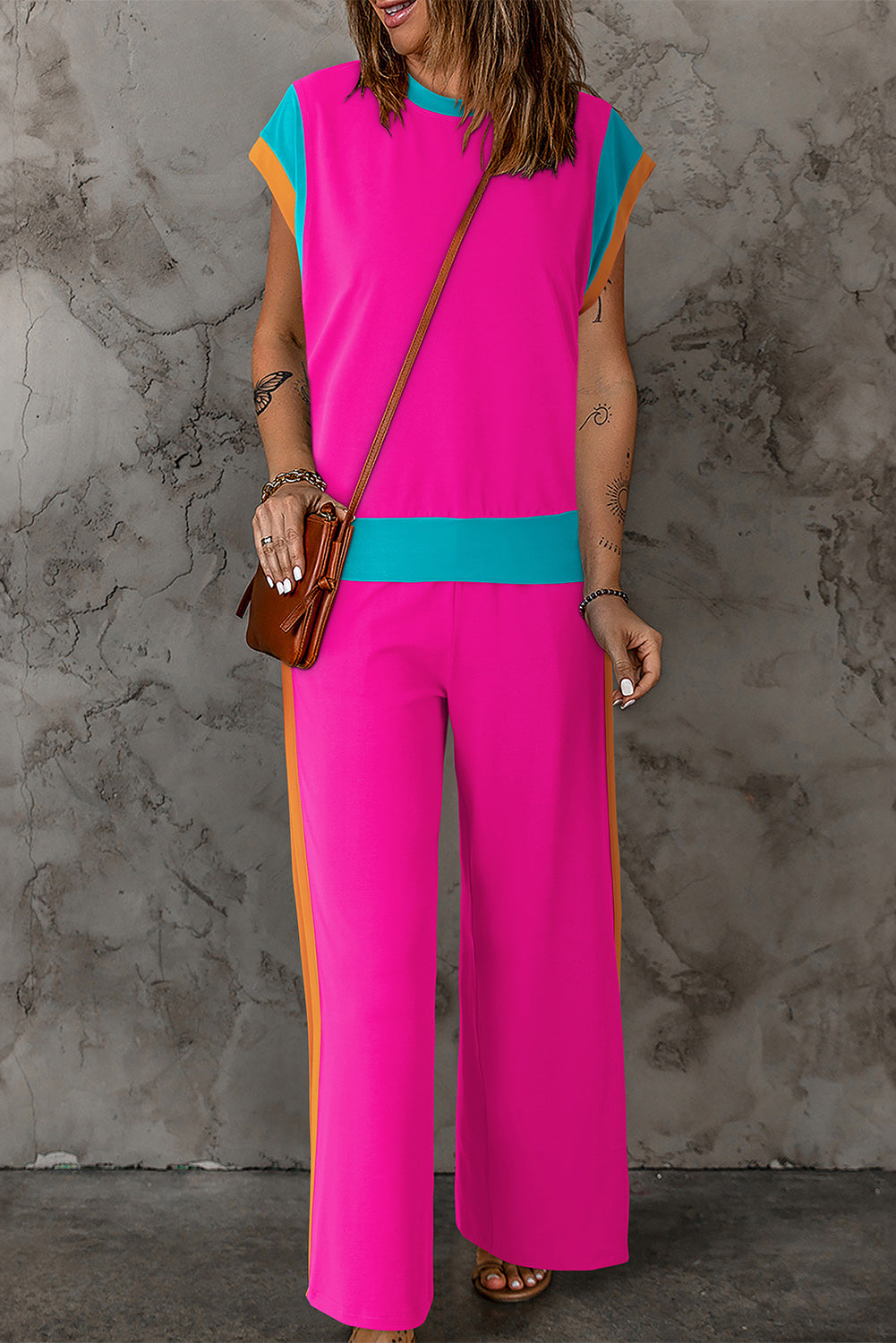 Strawberry Pink Color Block Detail Casual Two-piece Set