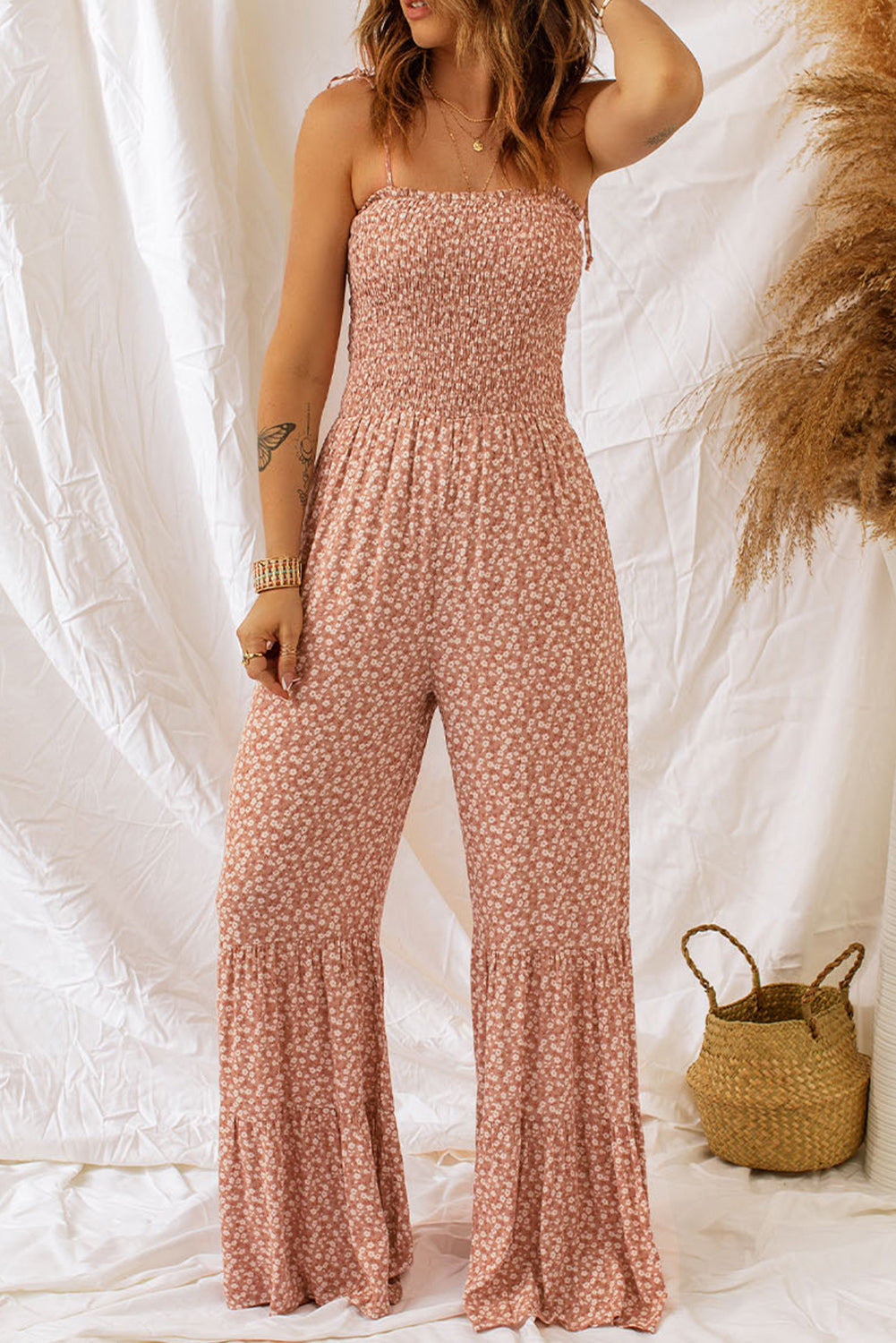 Khaki Thin Straps Smocked Bodice Wide Leg Floral Jumpsuit