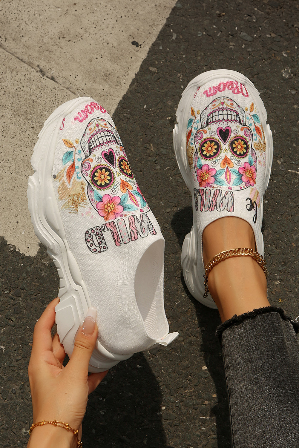 White Halloween Floral Skull Printed Slip-On Flat Sneakers