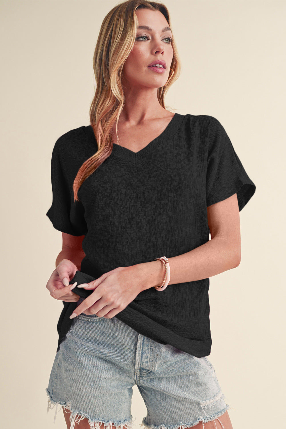 Black Plain Crinkled V Neck Short Sleeve Blouse