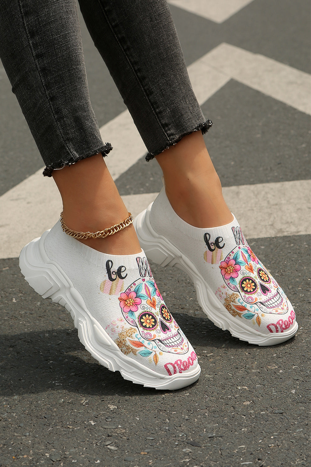 White Halloween Floral Skull Printed Slip-On Flat Sneakers