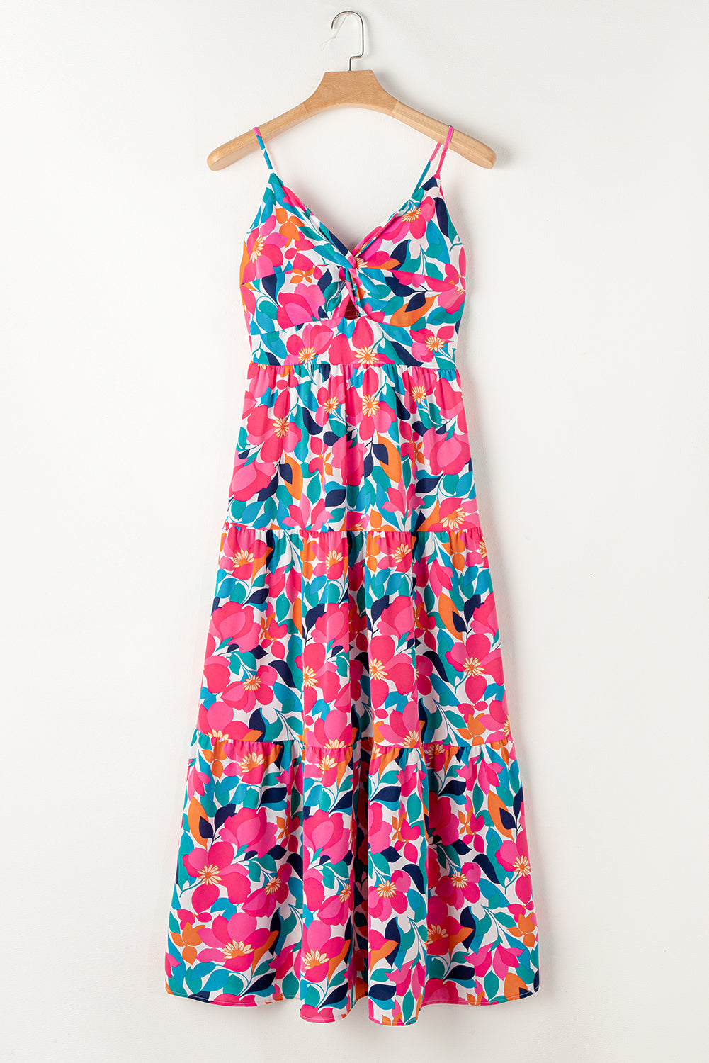 Rose Floral Twisted Smocked Back Tiered Maxi Dress