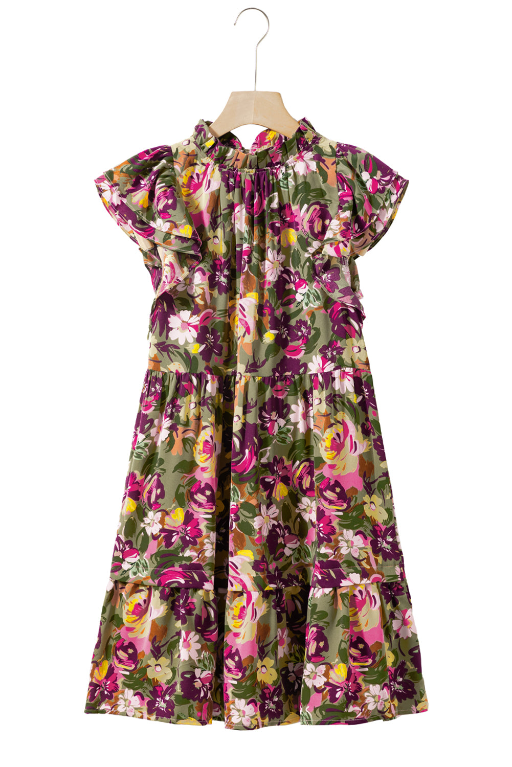 Green Floral Print Ruched Flutter Sleeve Frilled Neck Mini Dress