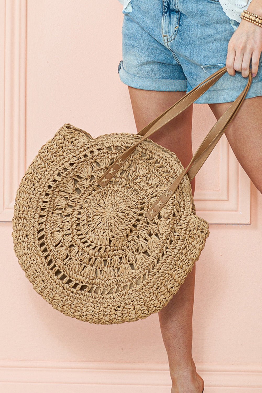 Camel Bohemian Straw Woven Round One Shoulder Bag - Creative Designs by Shanny