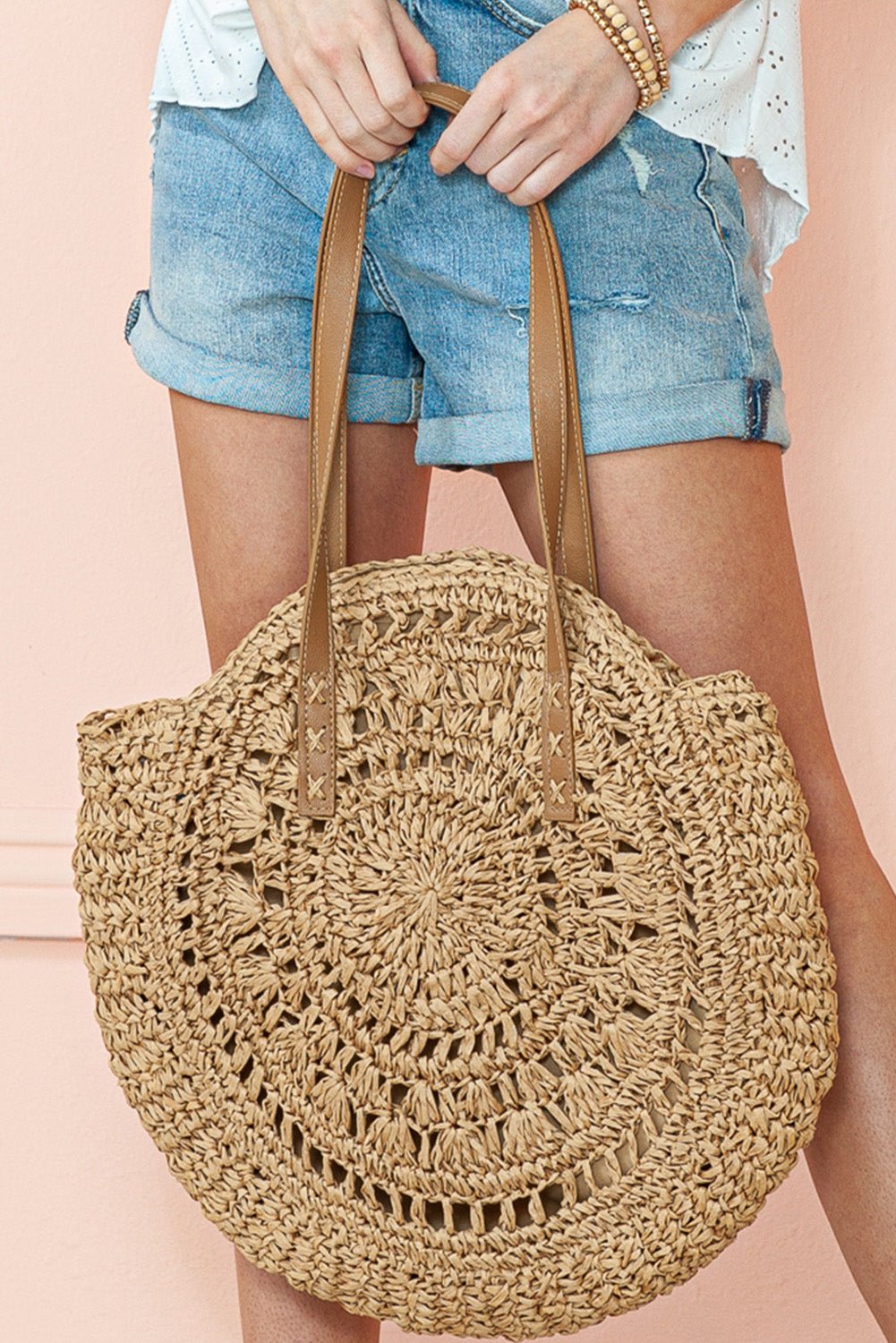 Camel Bohemian Straw Woven Round One Shoulder Bag - Creative Designs by Shanny