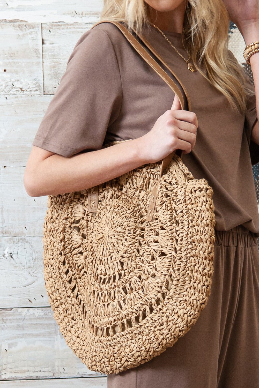 Camel Bohemian Straw Woven Round One Shoulder Bag - Creative Designs by Shanny