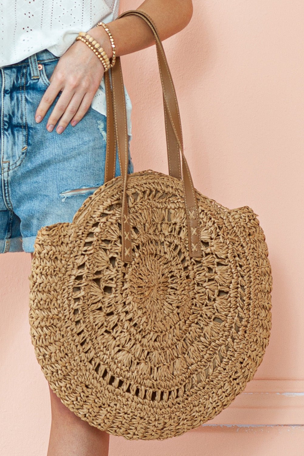 Camel Bohemian Straw Woven Round One Shoulder Bag - Creative Designs by Shanny