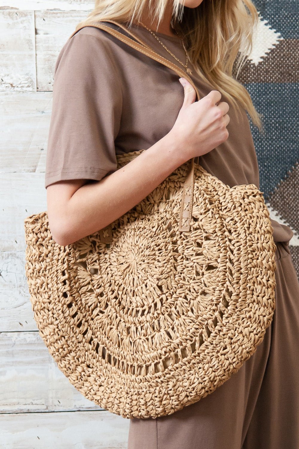 Camel Bohemian Straw Woven Round One Shoulder Bag - Creative Designs by Shanny