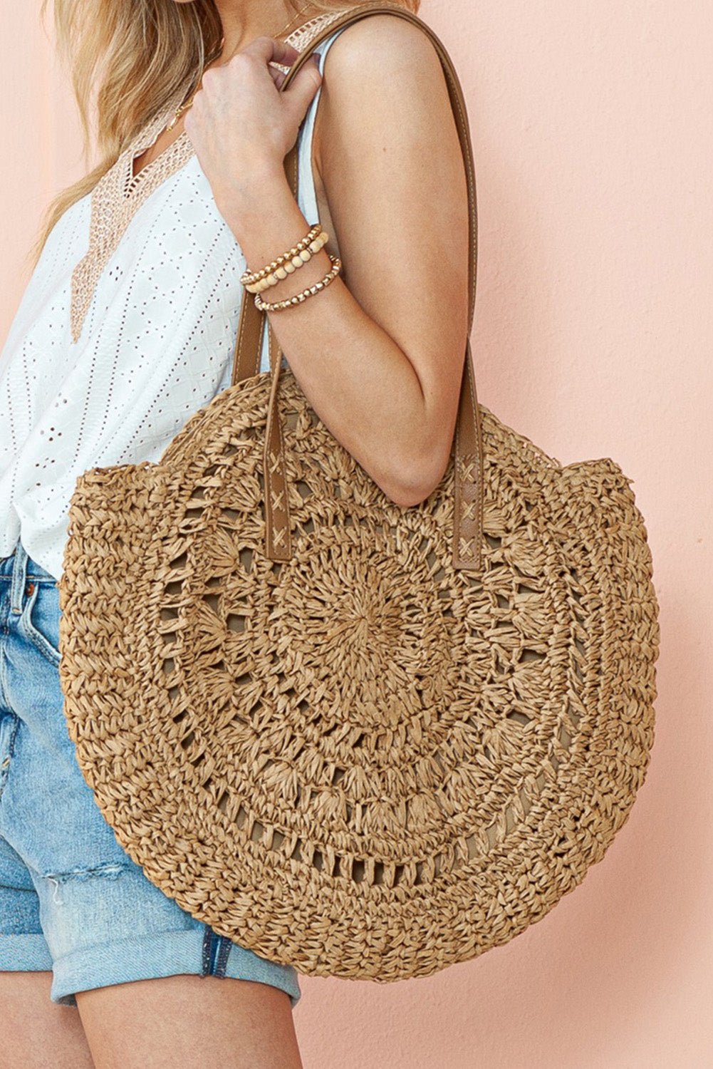 Camel Bohemian Straw Woven Round One Shoulder Bag - Creative Designs by Shanny