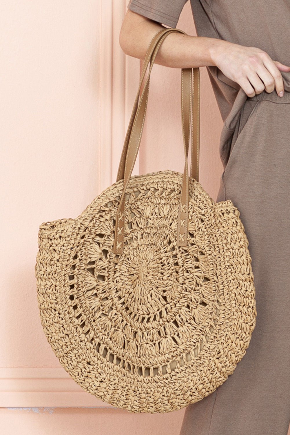 Camel Bohemian Straw Woven Round One Shoulder Bag - Creative Designs by Shanny