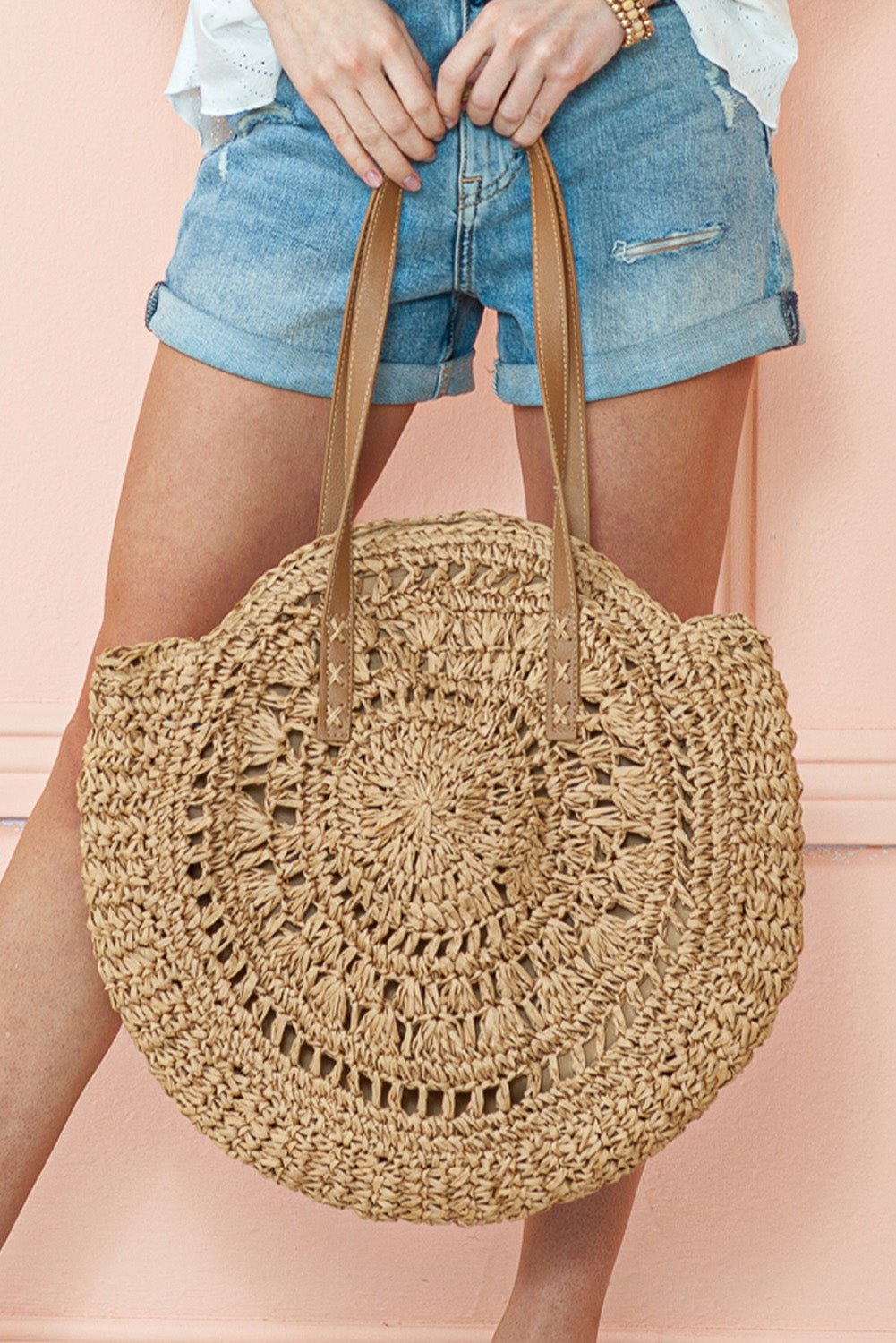 Camel Bohemian Straw Woven Round One Shoulder Bag - Creative Designs by Shanny