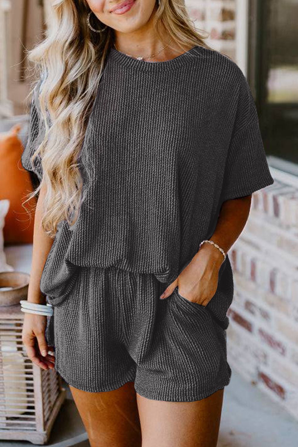 Carbon Grey Ribbed Textured Knit Loose Fit Tee and Shorts Set - Creative Designs by Shanny