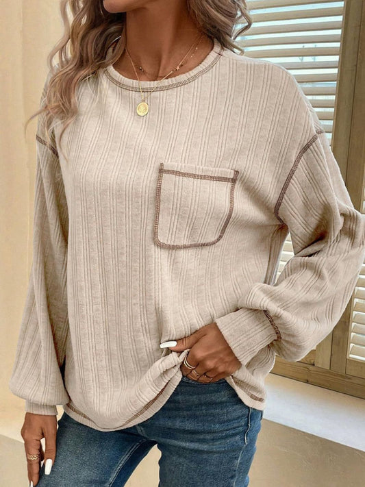 Mandy Contrast Stitching Round Neck Long Sleeve T-Shirt