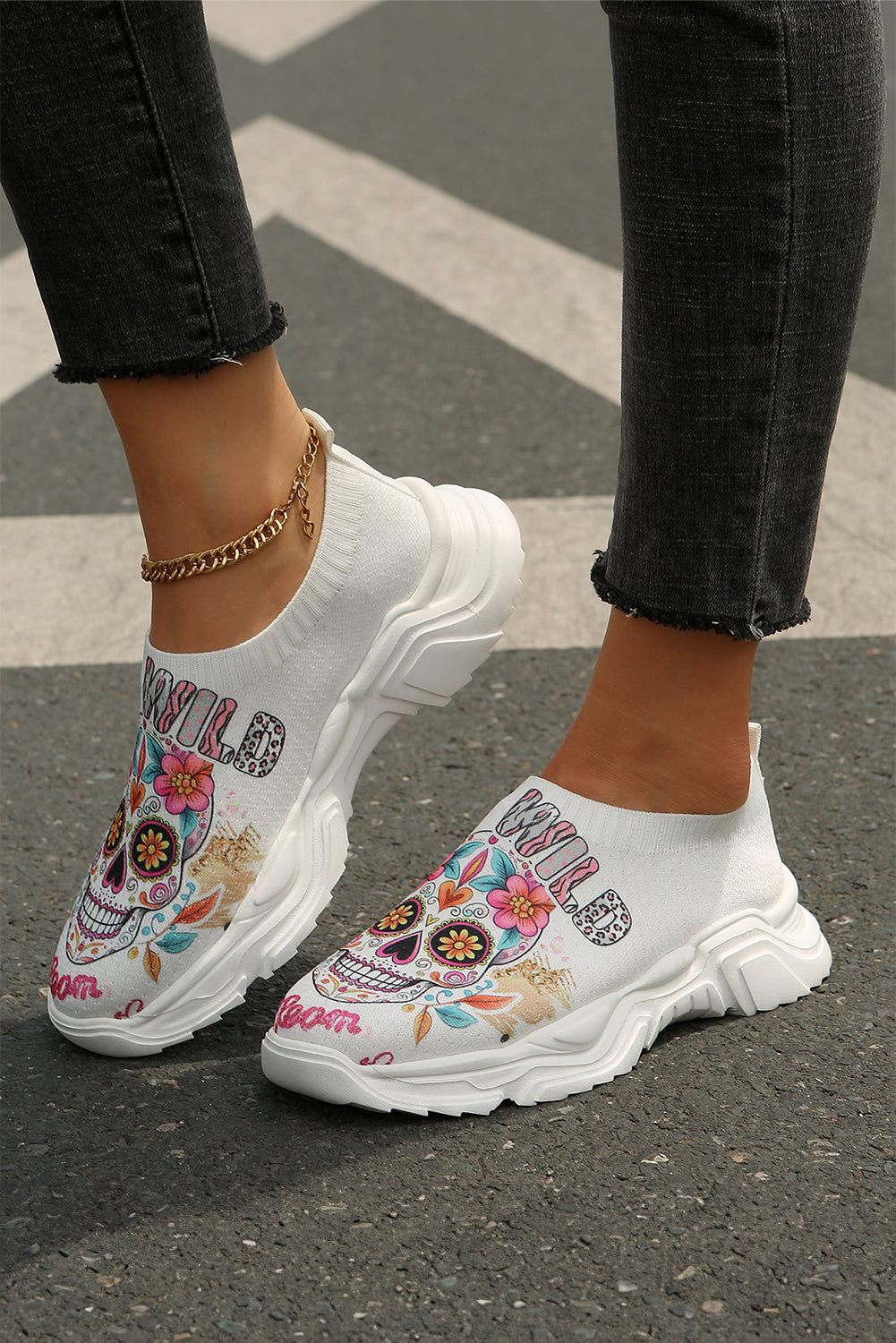 White Halloween Floral Skull Printed Slip-On Flat Sneakers