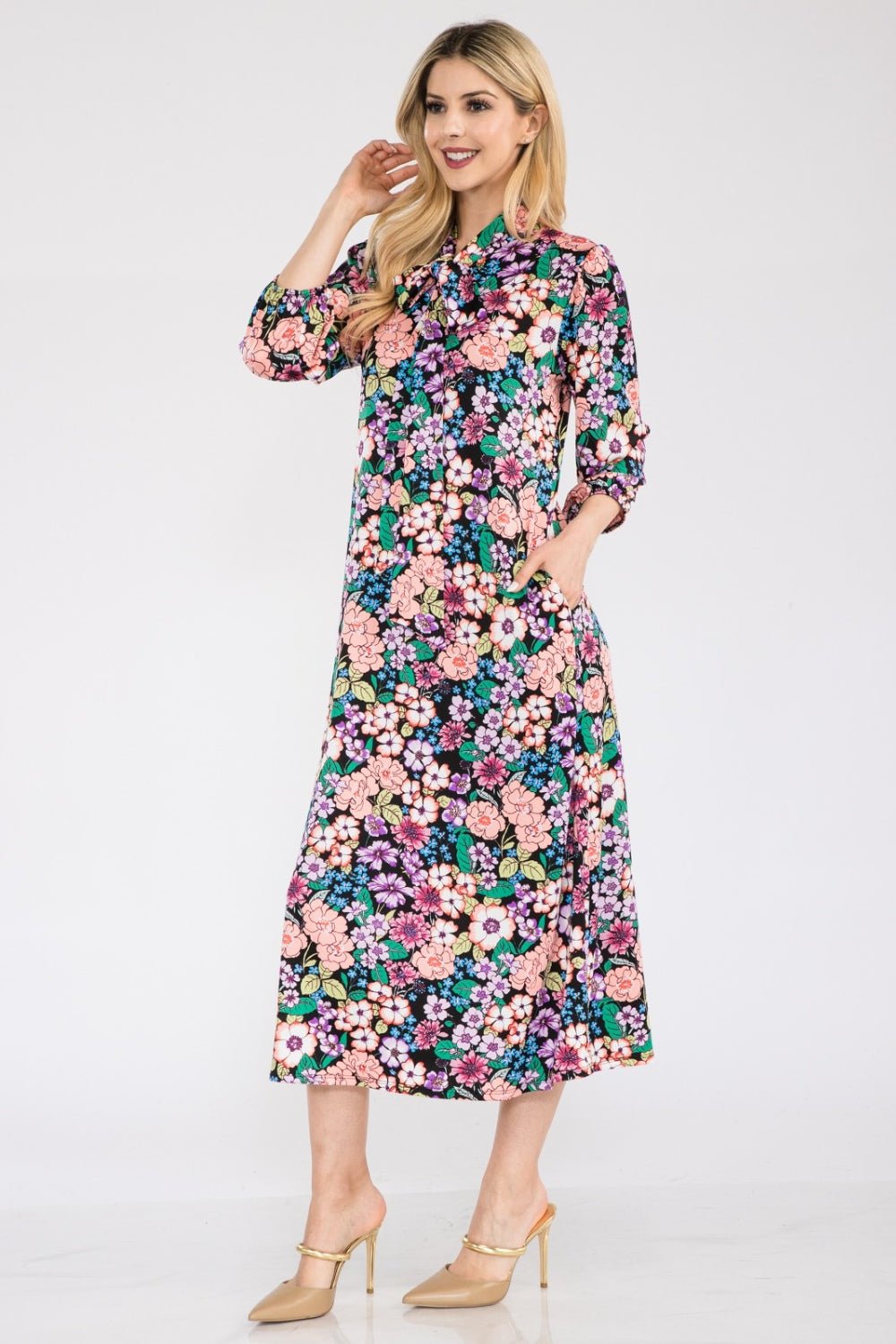 Celeste Full Size Floral Midi Dress with Bow Tied - Creative Designs by Shanny