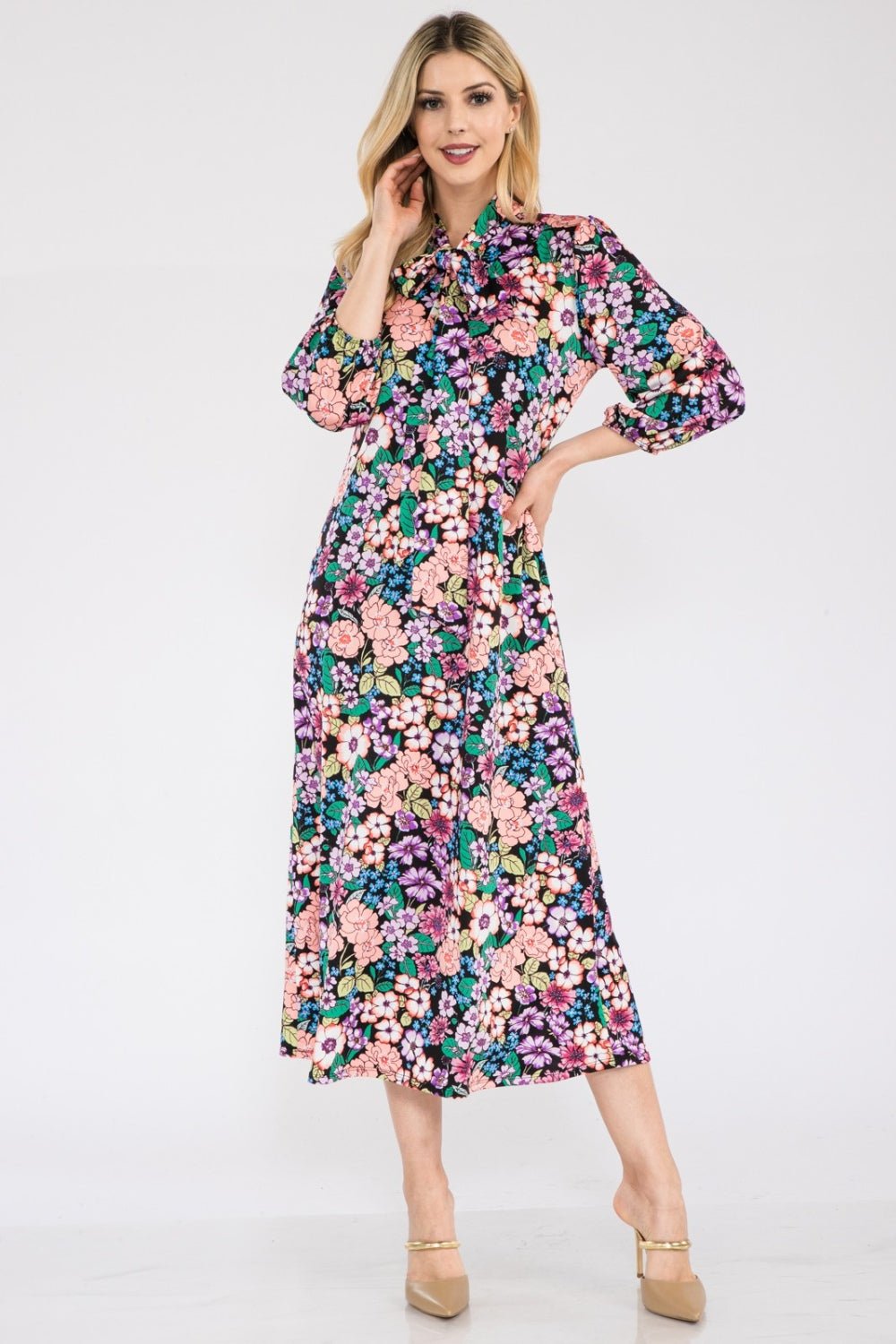 Celeste Full Size Floral Midi Dress with Bow Tied - Creative Designs by Shanny