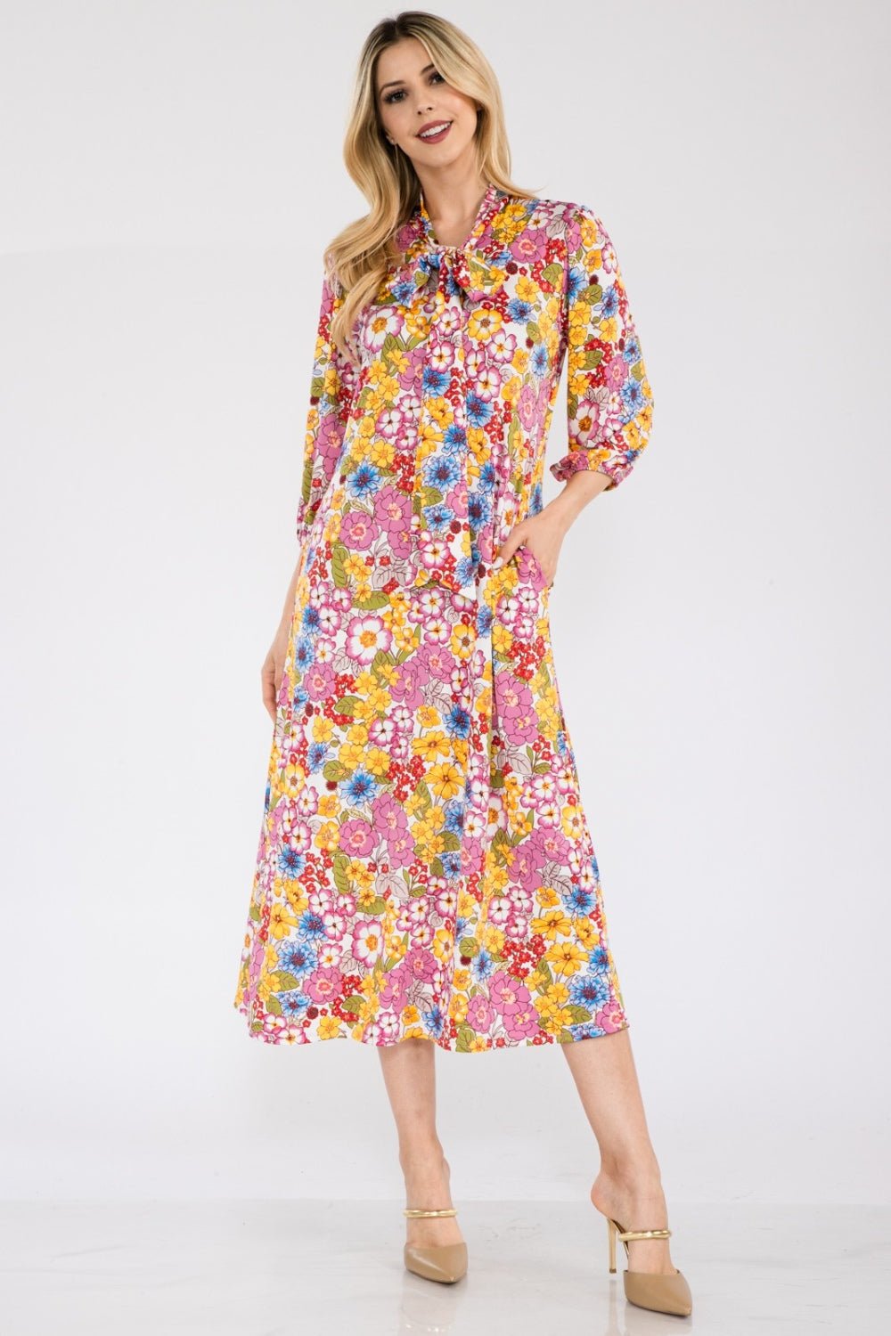 Celeste Full Size Floral Midi Dress with Bow Tied - Creative Designs by Shanny