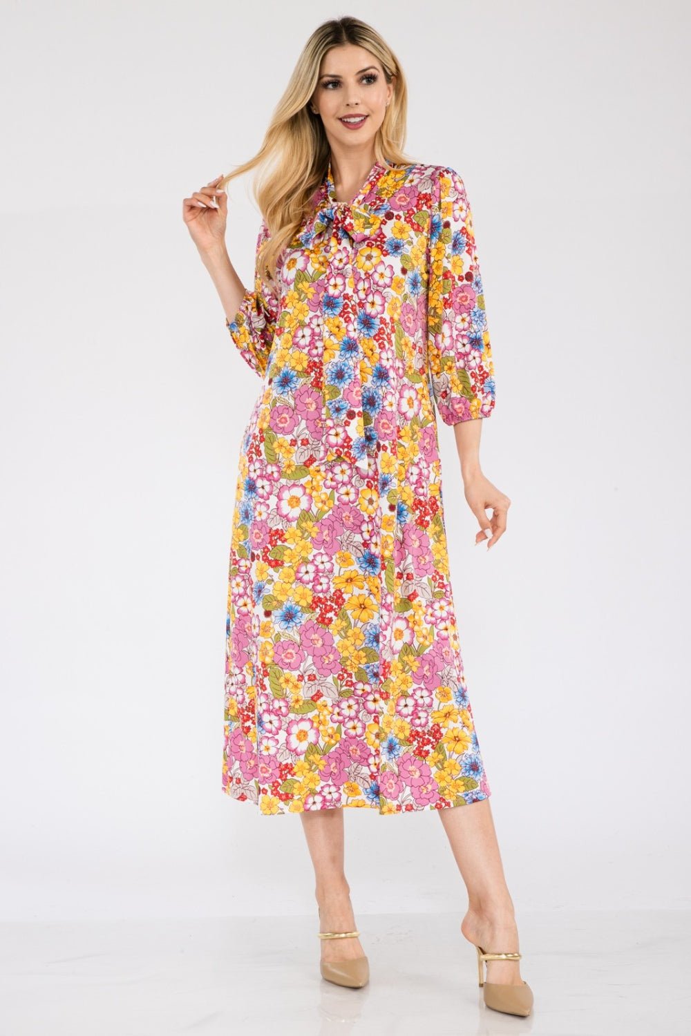 Celeste Full Size Floral Midi Dress with Bow Tied - Creative Designs by Shanny