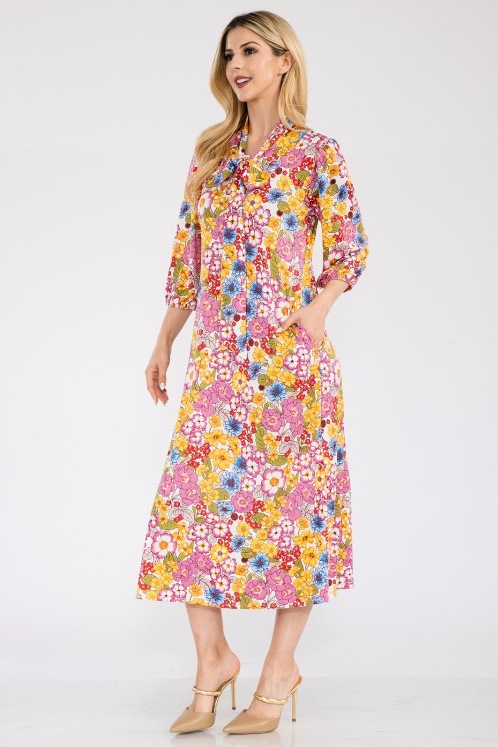 Celeste Full Size Floral Midi Dress with Bow Tied - Creative Designs by Shanny