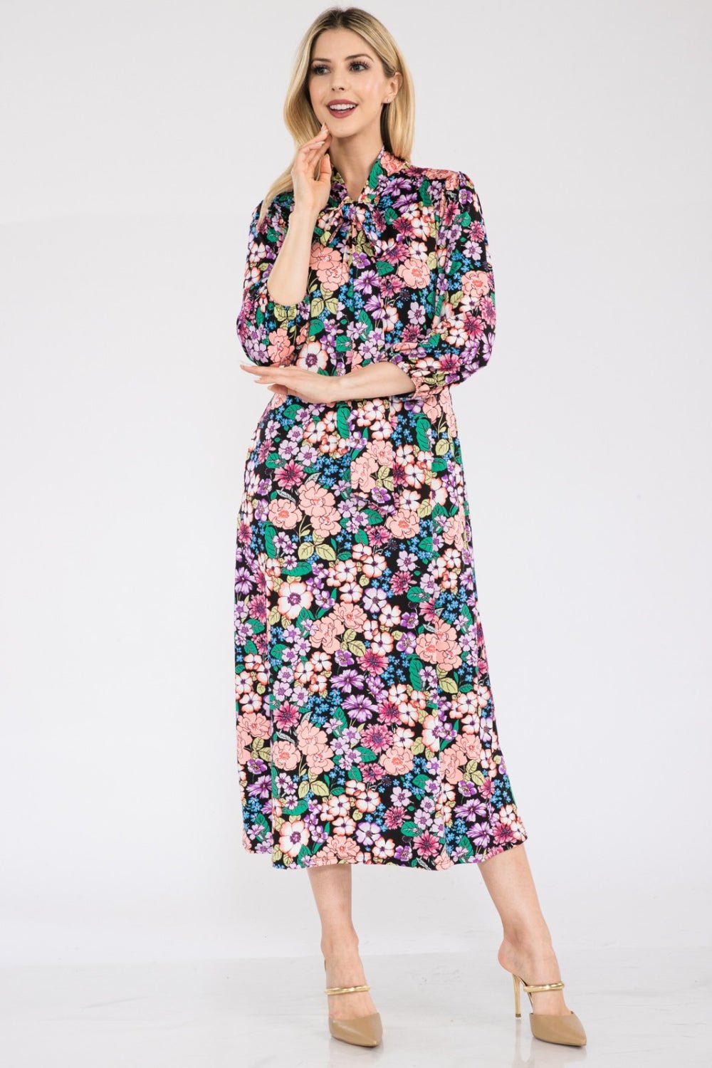 Celeste Full Size Floral Midi Dress with Bow Tied - Creative Designs by Shanny